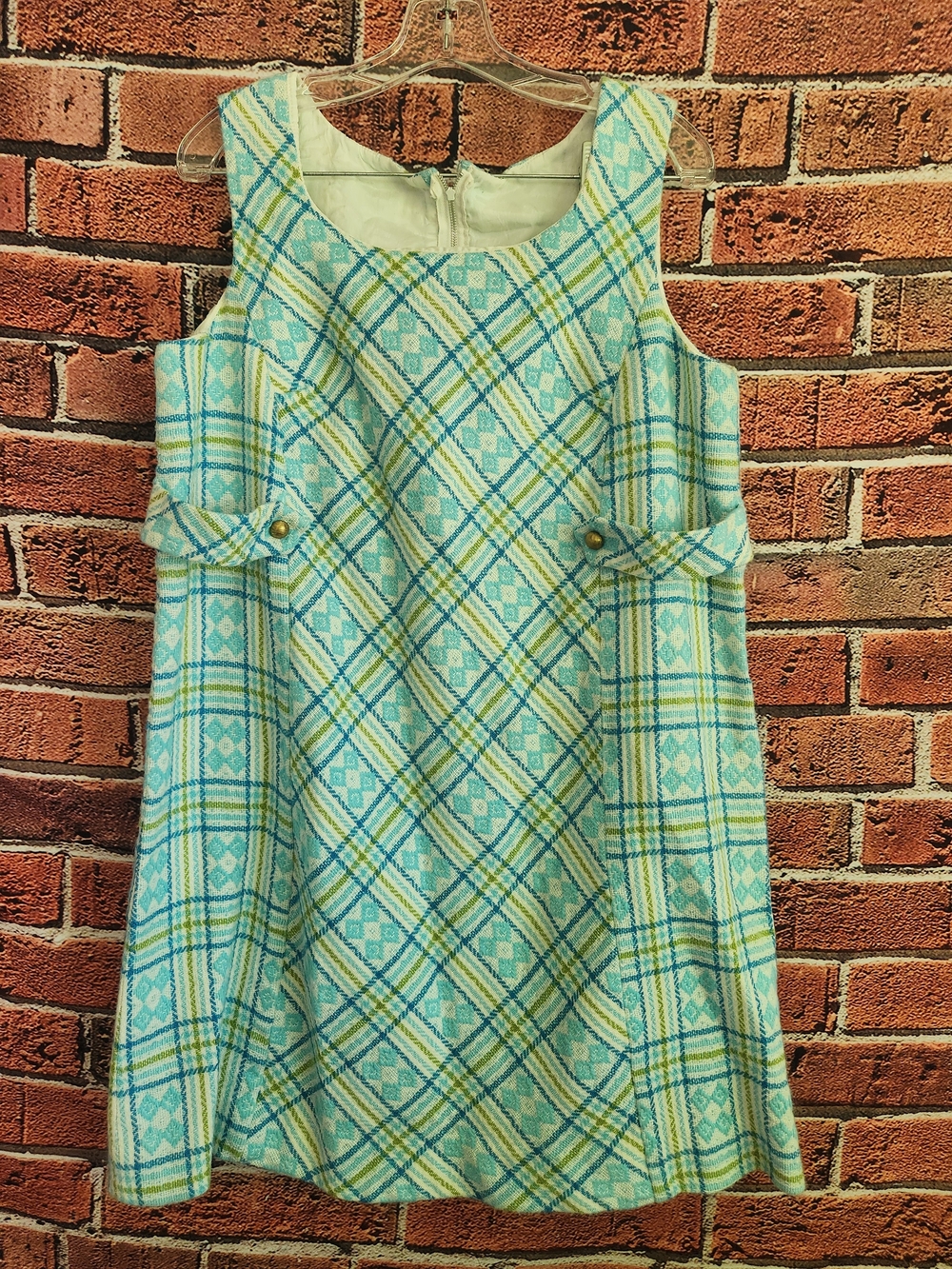 70,s Blue Plaid Sleeveless A-Line Dress